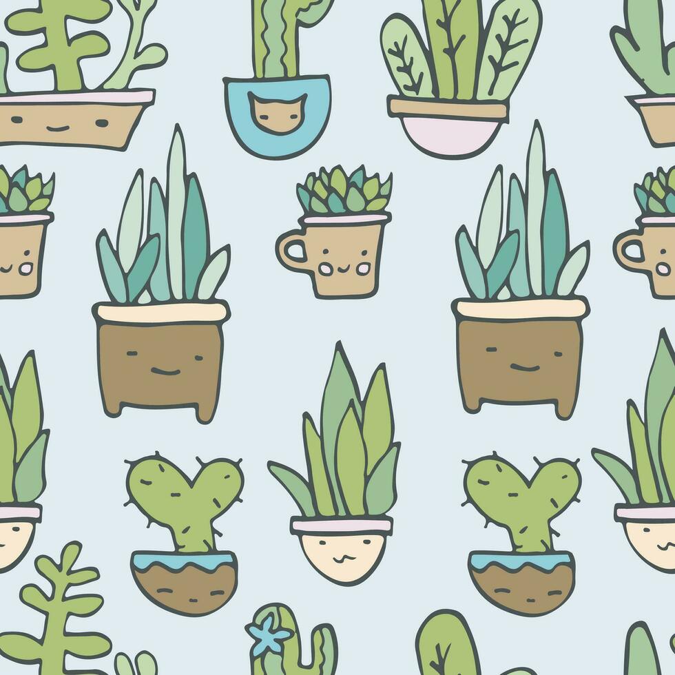 Cute seamless home plant pattern, kawaii cactus texture, succulent fabric textile vector