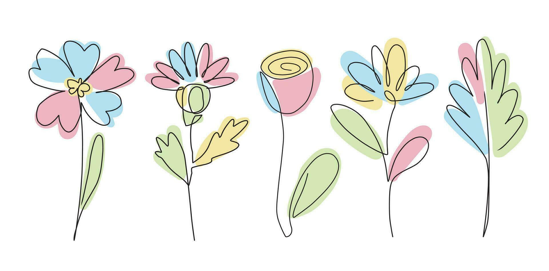 Vector one Line Flower set, minimal outline aromatic herb ingredient, simple pastel wedding plant collection