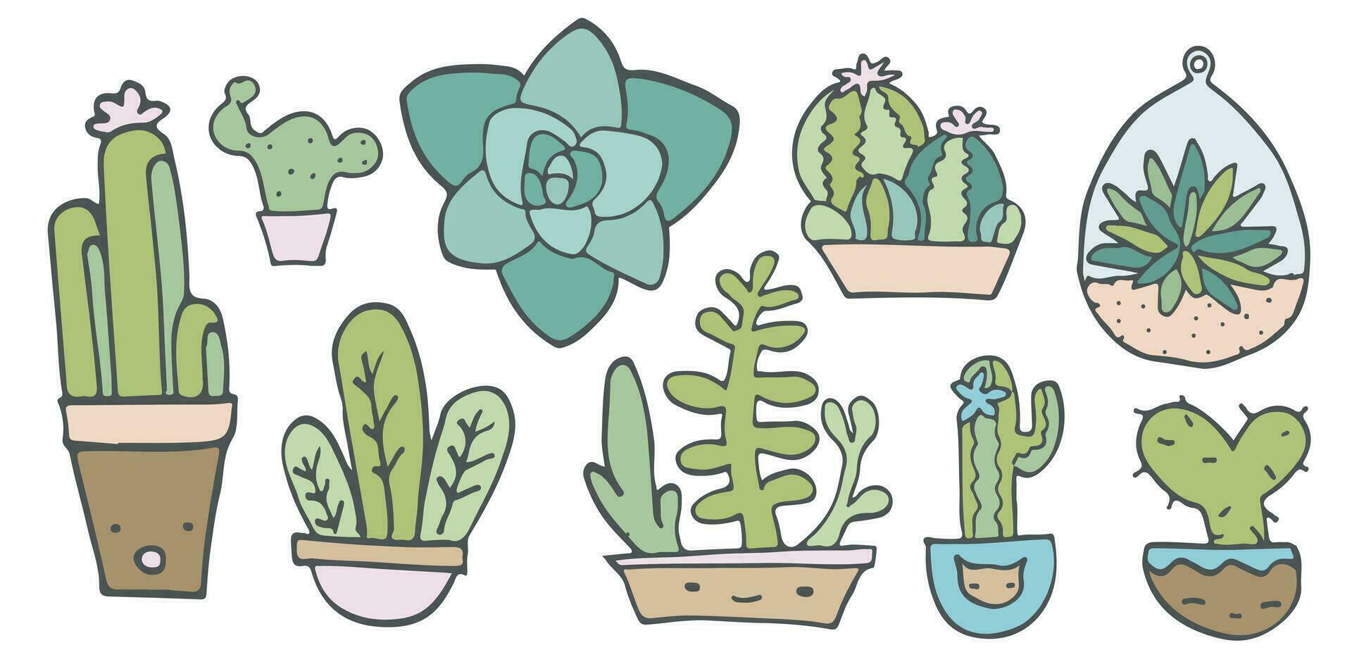 Cute potted Cactus set, isolated on white home plants Stickers, Garden Hobby, interior Decoration design elements vector