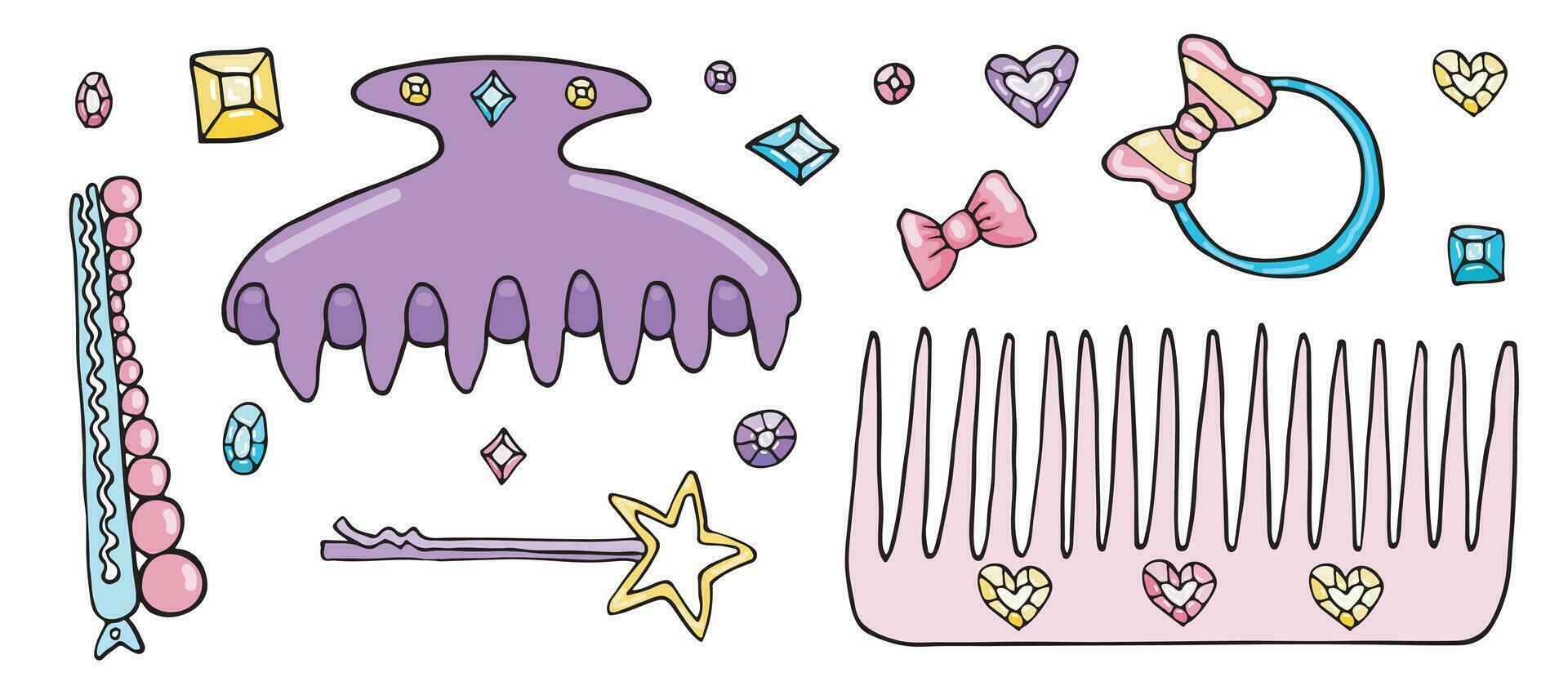 vector garabatear pelo accesorios, princesa niña kawaii pegatina recopilación, cinta arco y pelo acortar, dibujos animados cepillo para el pelo salón