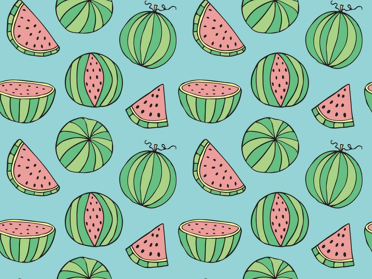 Seamless Water melon vector pattern, Doodle Watermelon day texture, summer fruit slices fabric textile, juicy Wrapping scrapbooking paper