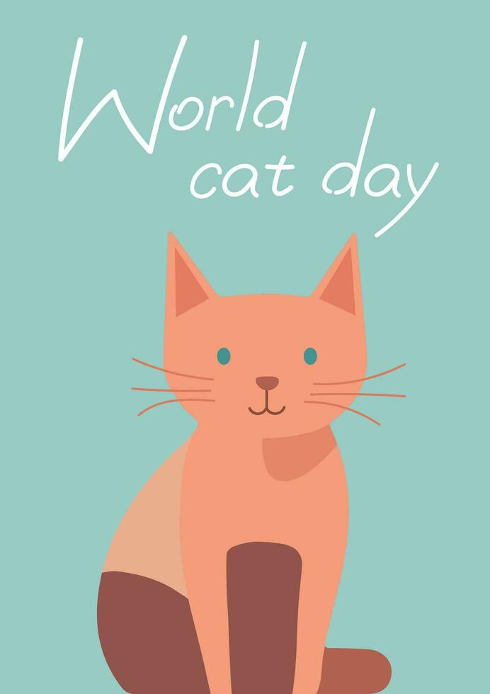 World Cat day vector card, flat cute red kitty character, funny domestic animal poster design