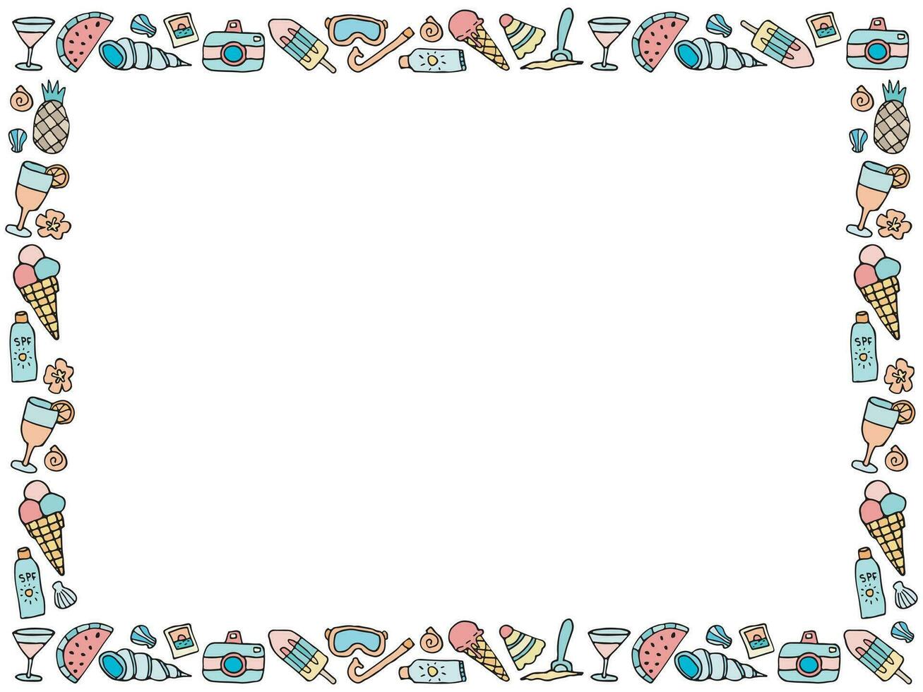 Doodle beach elements frame, simple rectangular summer vacation border, invitation card sunny design vector