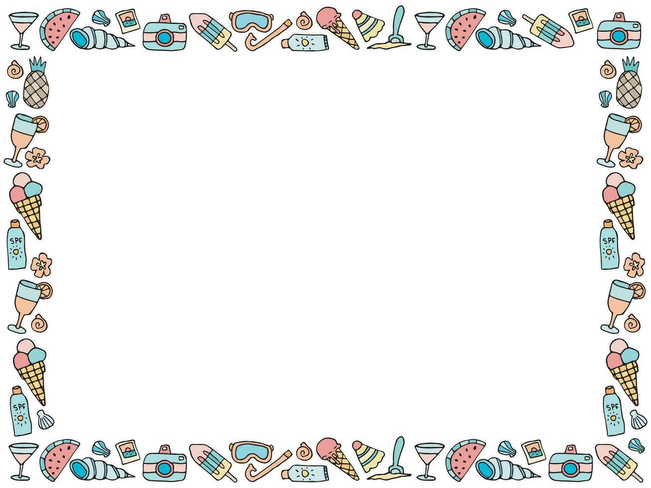 Doodle beach elements frame, simple rectangular summer vacation border, invitation card sunny design vector