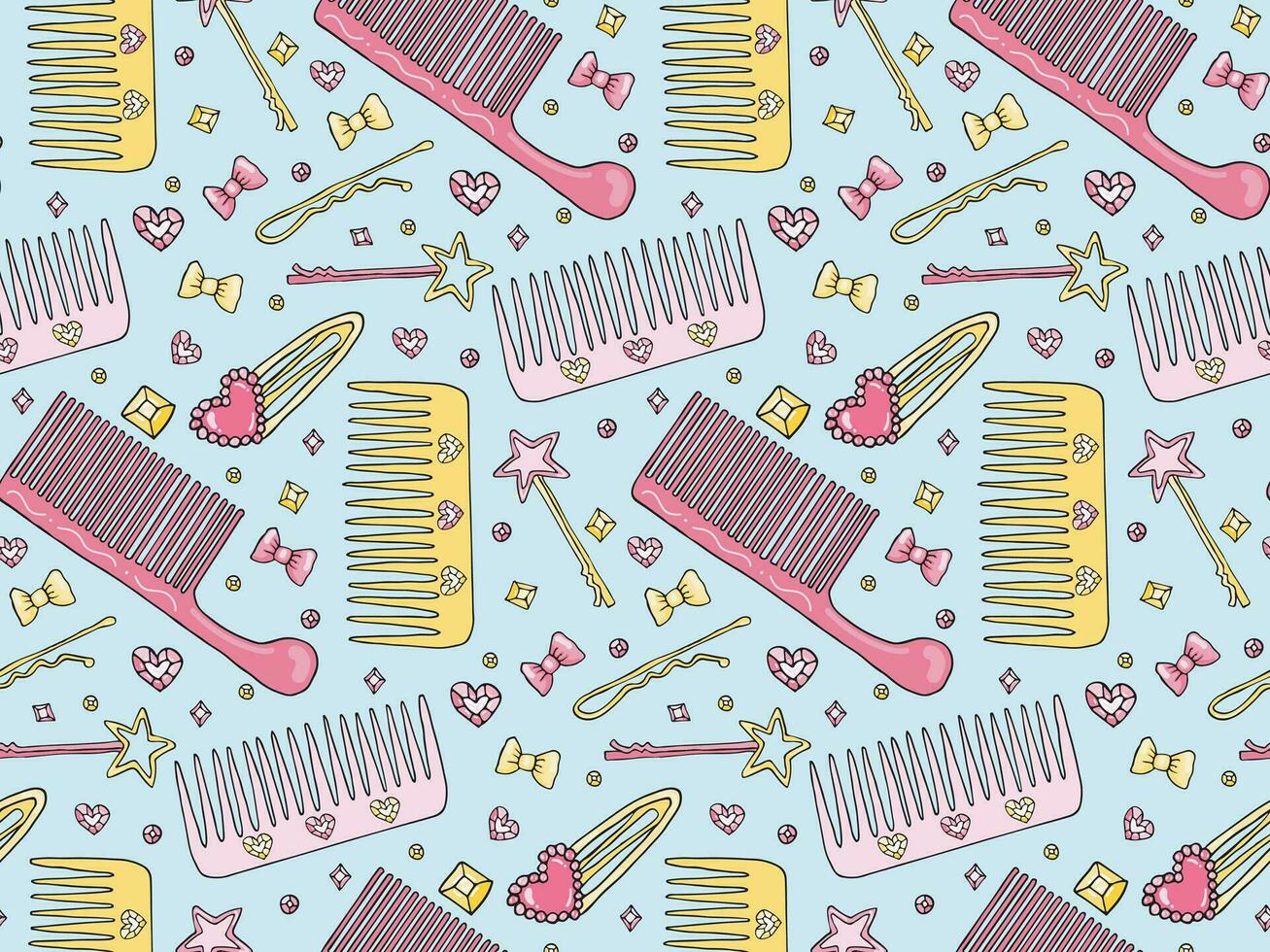Vector seamless pattern with hairbrush and clip, hair salon texture, cute head accessories hairdo fabric