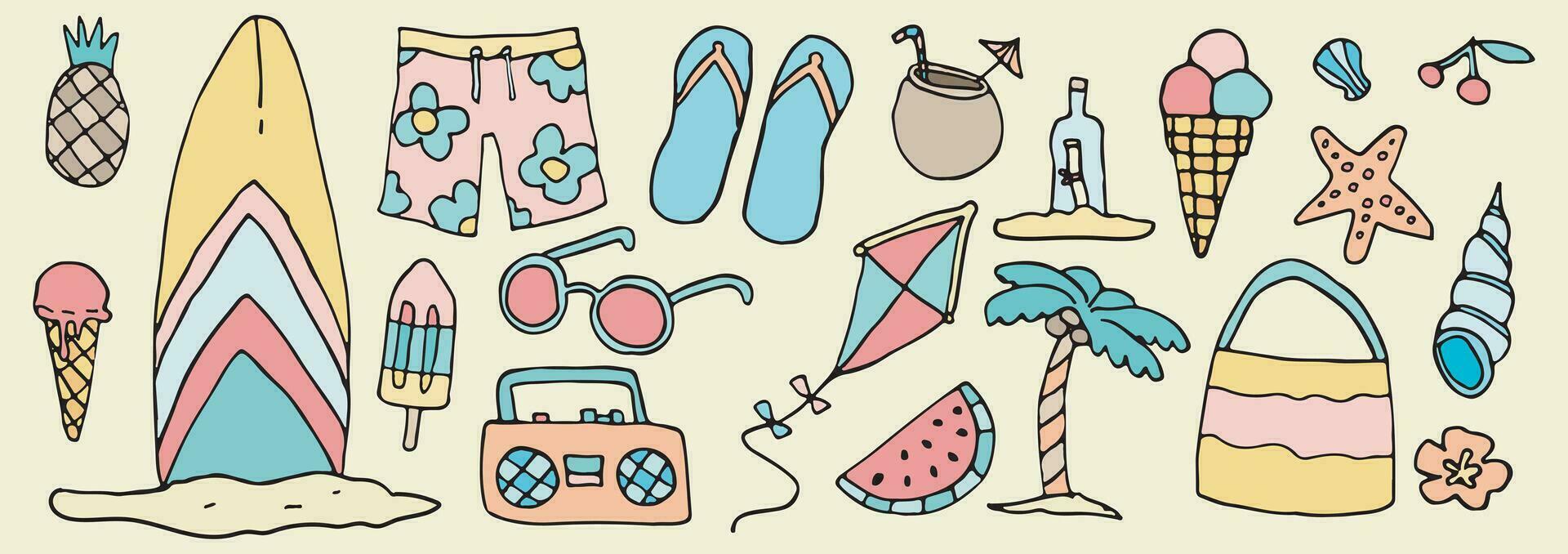 Vector beach cartoon doodle set, cute sea surf icons, Hawaii  tropical vacation stickers