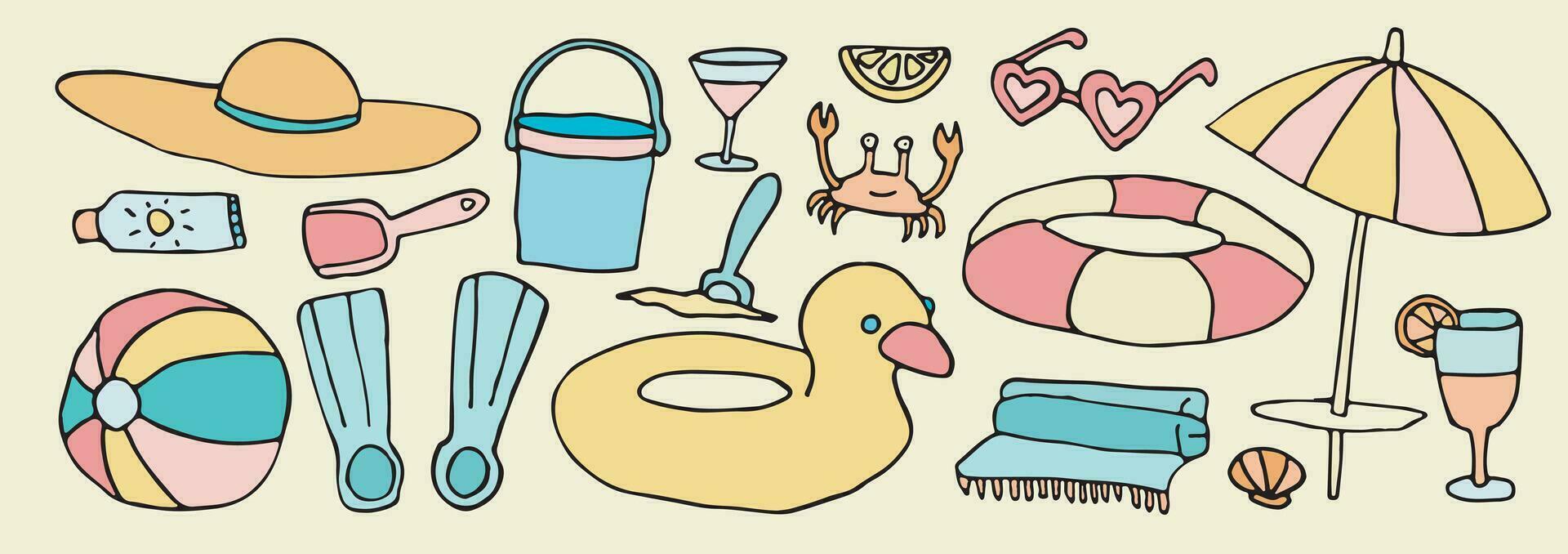 Cute doodle beach set, outline tropical sea vacation accessory, Shell, crab, rubber duck kids stickers vector