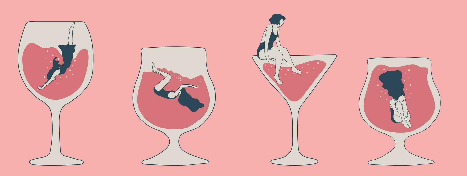 Set of three Trendy female characters swimming jumping into the glass.People suffering from hard drinking. Concept illustration with depressed characters sink in various alcohol glasses. vector