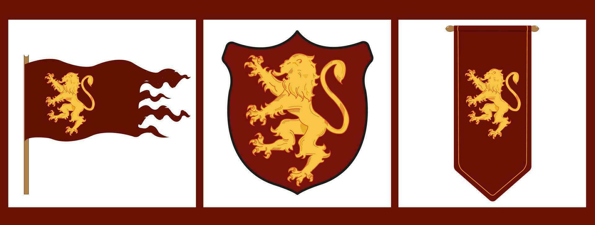 Set of three Lion vector flag. Vintage design heraldic symbols and elements