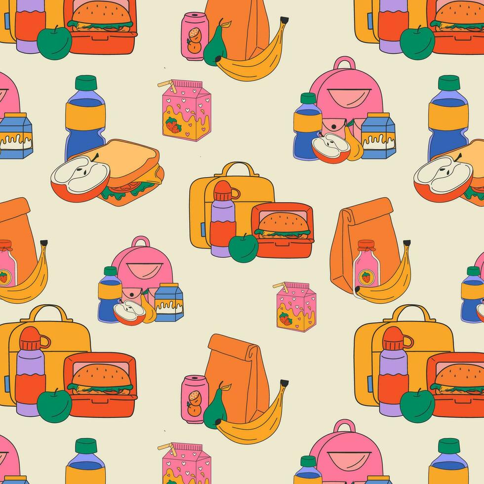 Seamless pattern with School lunch box, container. Various food. Hand drawn. Isolated elements, design templates. Healthy food concept vector