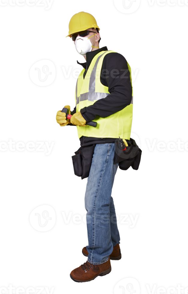 Construction Worker Protecting Himself Using Safety Mask, Hard Hat and Gloves png