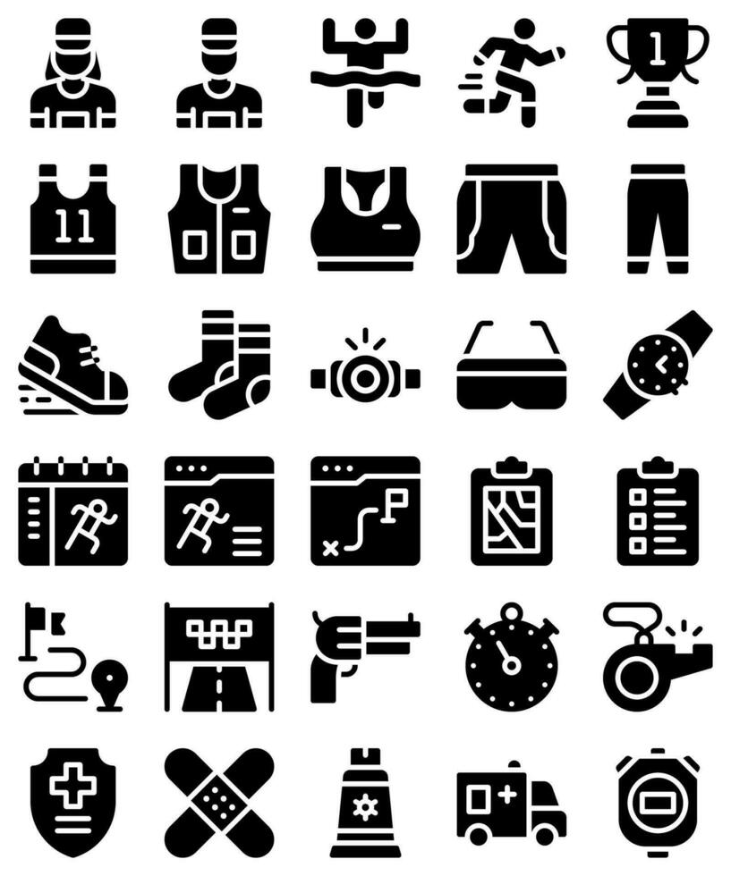 Marathon related solid icon set, vector illustration