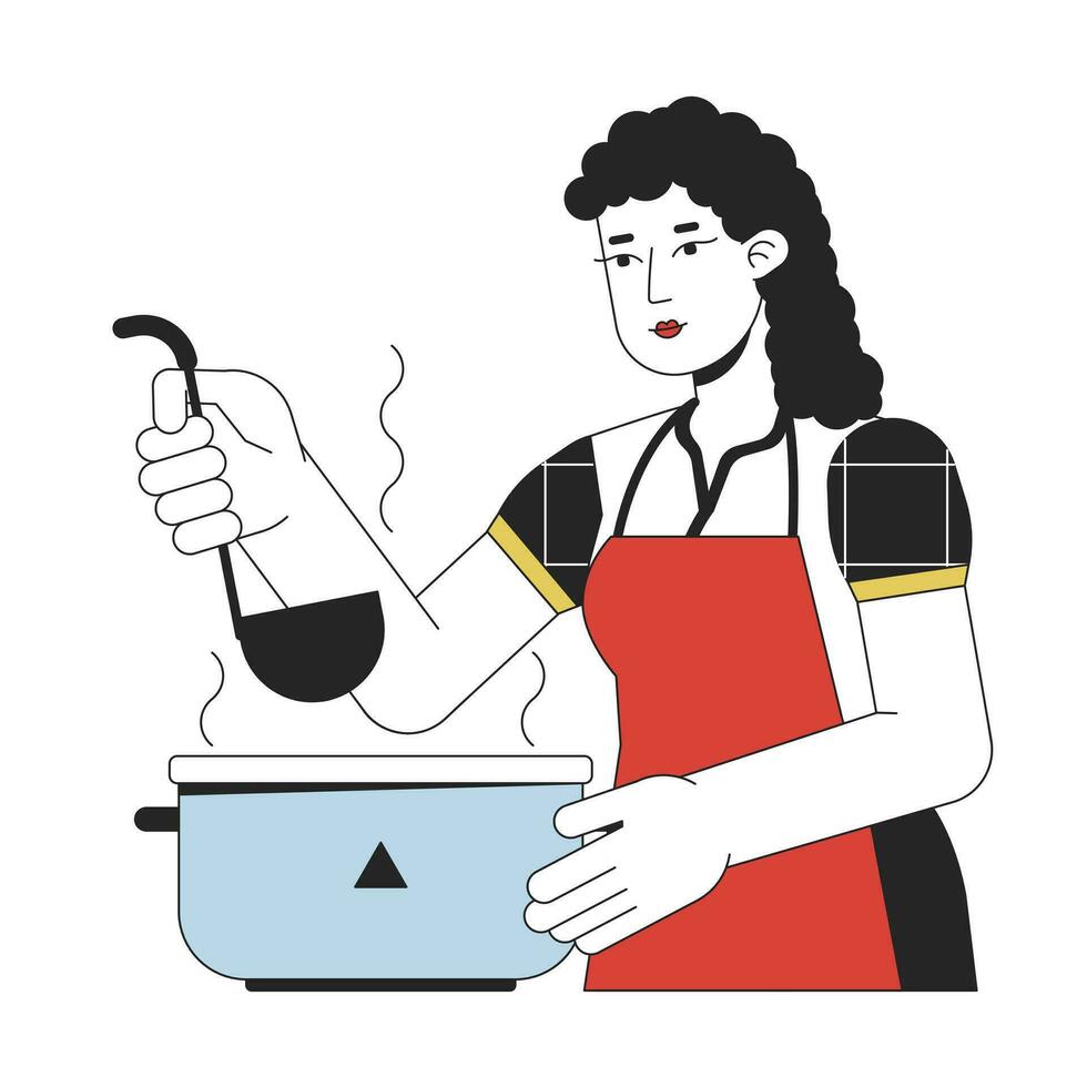 joven niña hacer cena plano línea color vector personaje. editable contorno medio cuerpo personaje Cocinando en blanco. todos los días actividad sencillo dibujos animados Mancha ilustración para web gráfico diseño