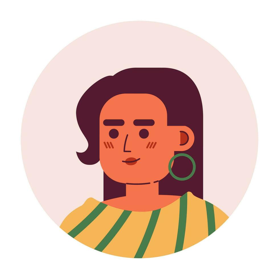 seguro de sí mismo Hispano mujer semi plano vector personaje cabeza. largo Derecho pelo y arete. editable dibujos animados avatar icono. cara emoción. vistoso Mancha ilustración para web gráfico diseño, animación