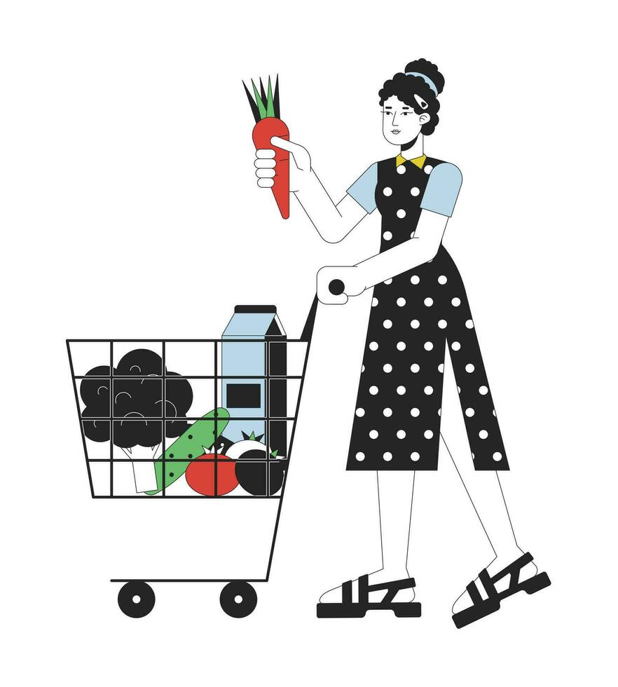 Busy woman go shopping flat line color vector character. Editable outline full body woman with shopping cart full of goods on white. Simple cartoon spot illustration for web graphic design