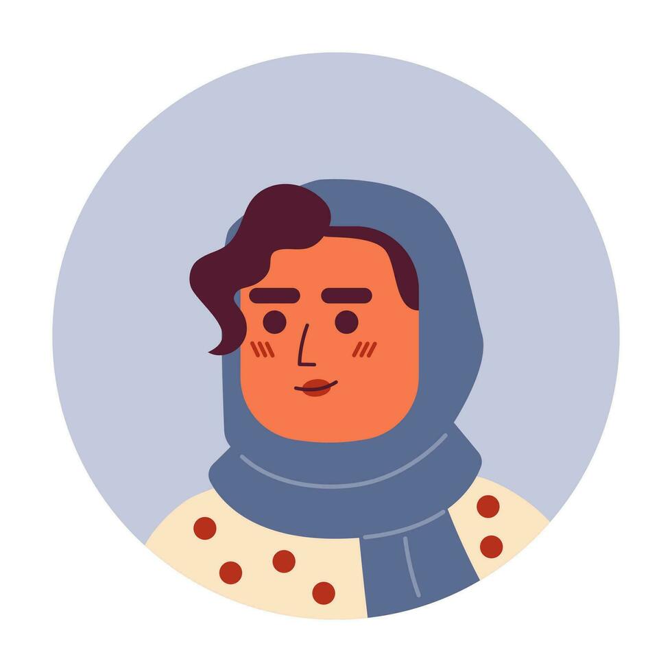 Pretty woman in hijab with curly bangs semi flat vector character head. Happy lady. Editable cartoon avatar icon. Face emotion. Colorful spot illustration for web graphic design, animation