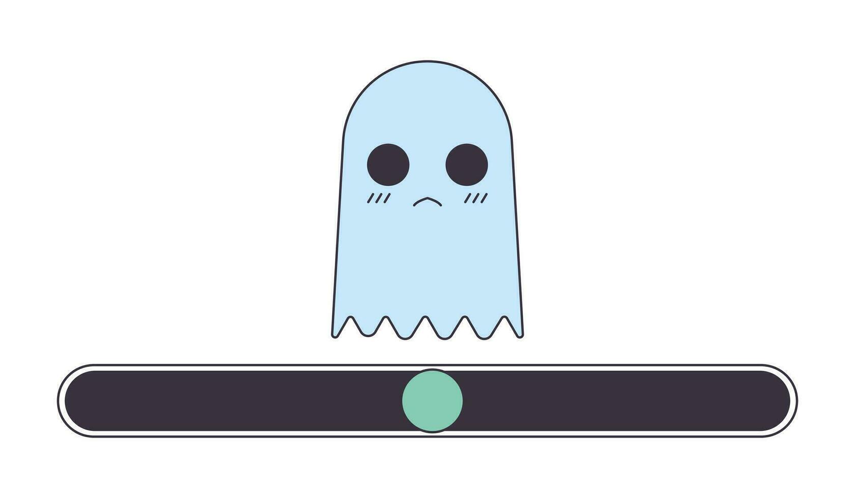 Unhappy ghost creature on progress loading bar flat design. Sad spirit waiting for loading. Web loader ui ux. Please wait. Graphical user interface. Cartoon vector illustration on white background