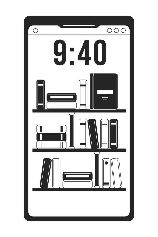 teléfono inteligente pantalla con libros fondo de pantalla plano monocromo aislado vector objeto. editable negro y blanco estantería. sencillo contorno Mancha ilustración para web gráfico diseño