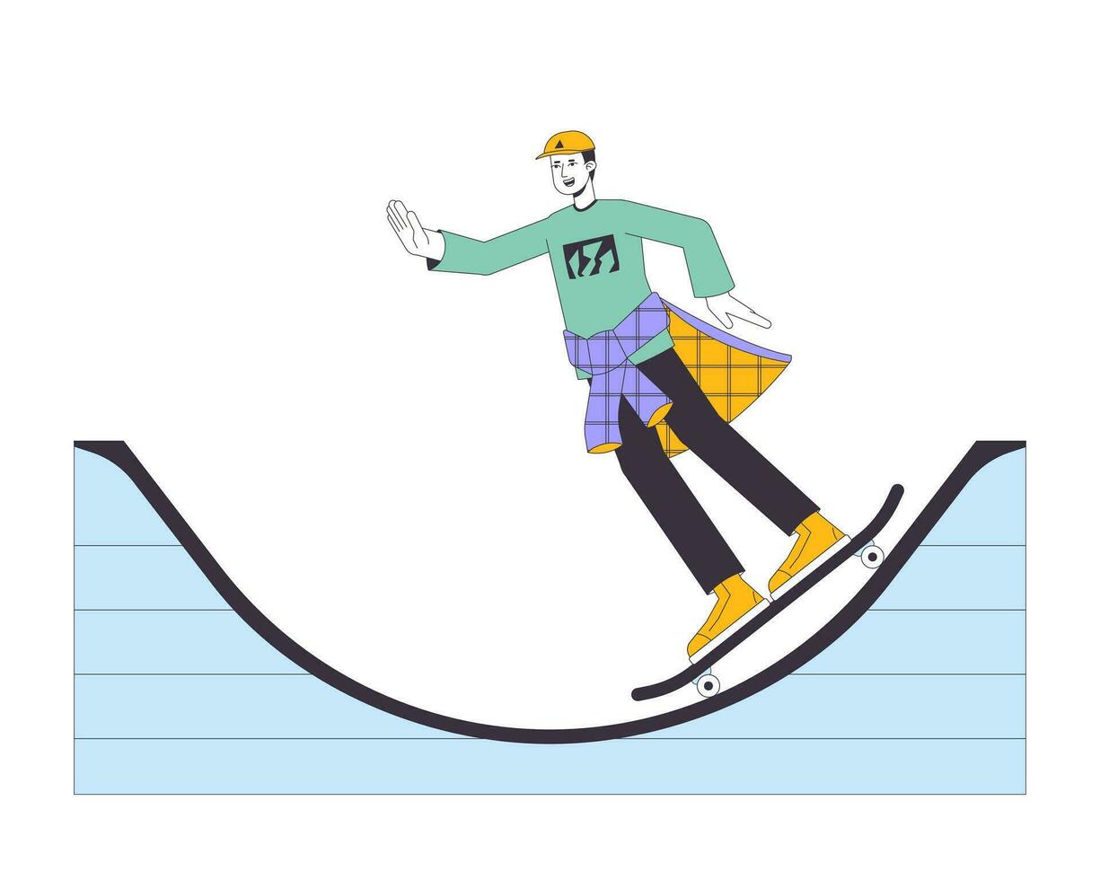 Active caucasian man riding on skateboard flat line color vector character. Editable outline full body skater doing tricks on ramp on white. Simple cartoon spot illustration for web graphic design