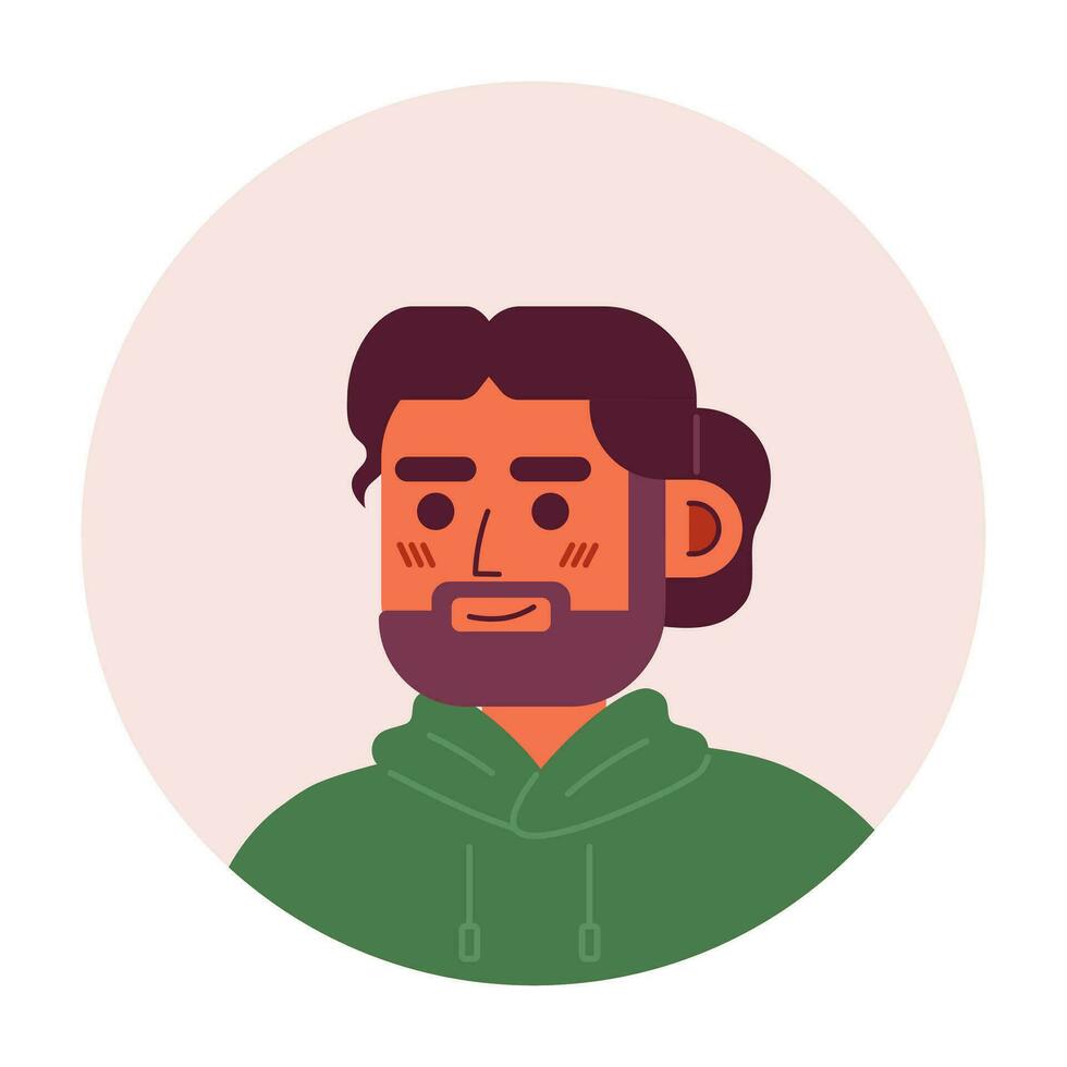 Bearded spanish man semi flat vector character head. Charming male with bun hairstyle. Editable cartoon avatar icon. Face emotion. Colorful spot illustration for web graphic design, animation