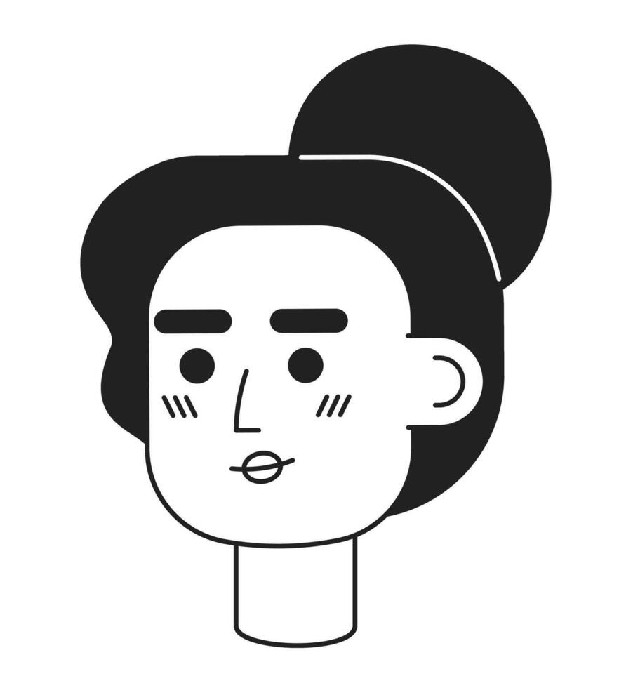 Interested woman monochrome flat linear character head. Editable outline hand drawn human face icon. Female entrepreneur with bun hairstyle. 2D cartoon spot vector avatar illustration for animation