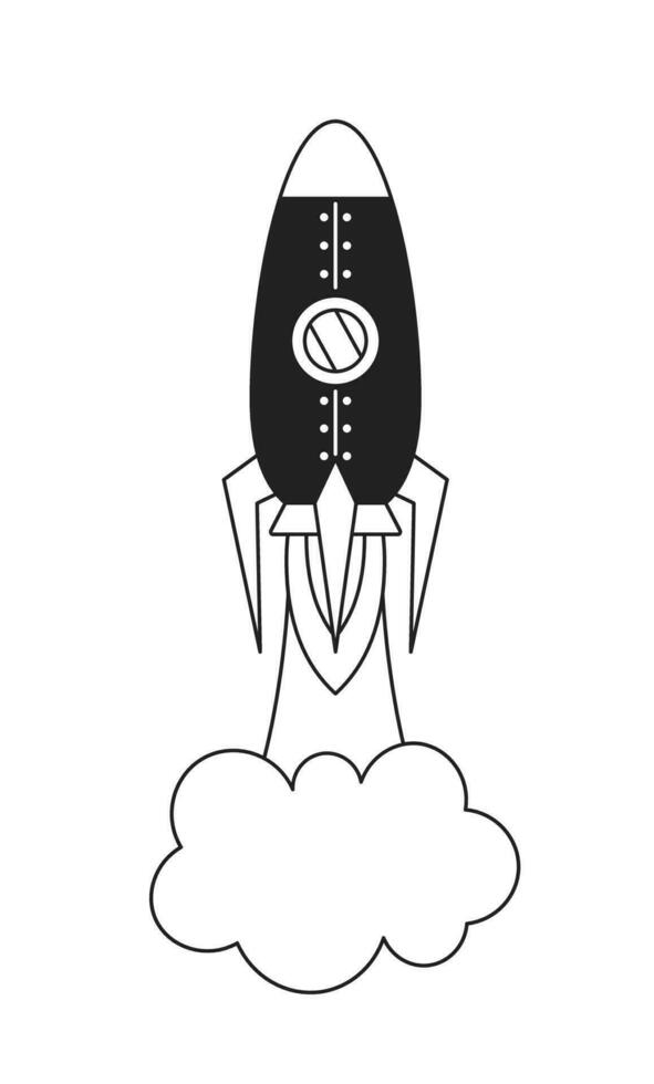 Launch rocket monochrome flat vector object. Editable black and white thin line icon on white background. Flying starship. Simple cartoon clip art spot illustration for web graphic design