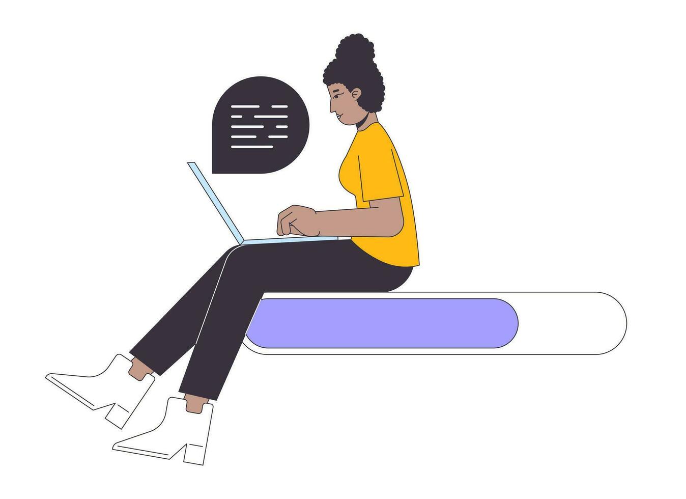 African american girl typing on laptop loading bar flat design. Positive programmer working. Web loader ui ux. Please wait. Graphical user interface. Cartoon vector illustration on white background
