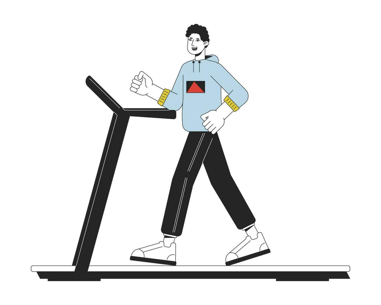 Sportsman run on treadmill flat line color vector character. Editable outline full body of active man on white. Sport in gym simple cartoon spot illustration for web graphic design