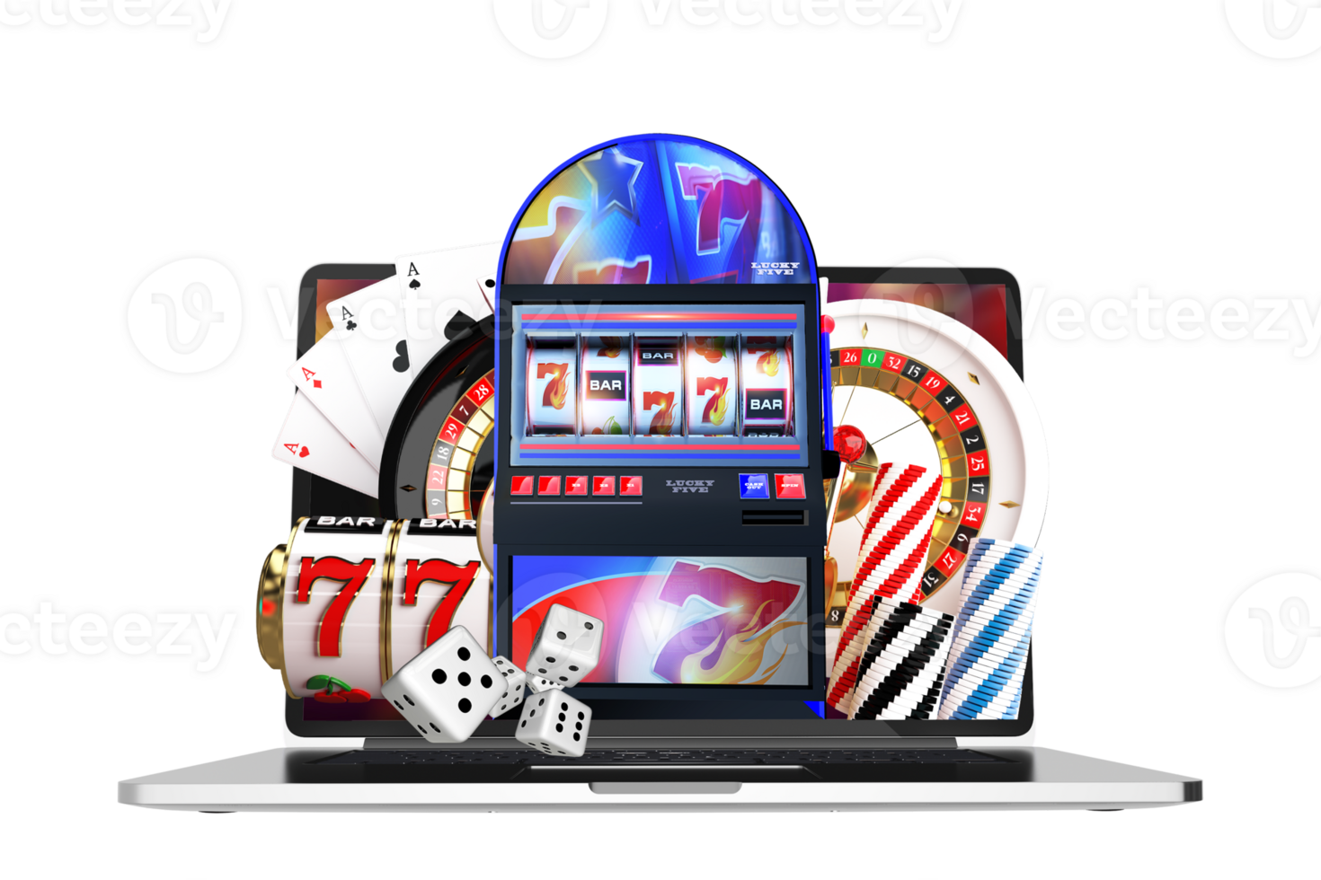 Online Casino Games Coming Out From a Laptop Display Conceptual PNG Graphic