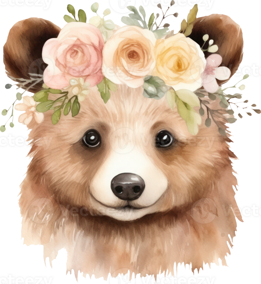 Cute bear and flowers watercolor illustration png