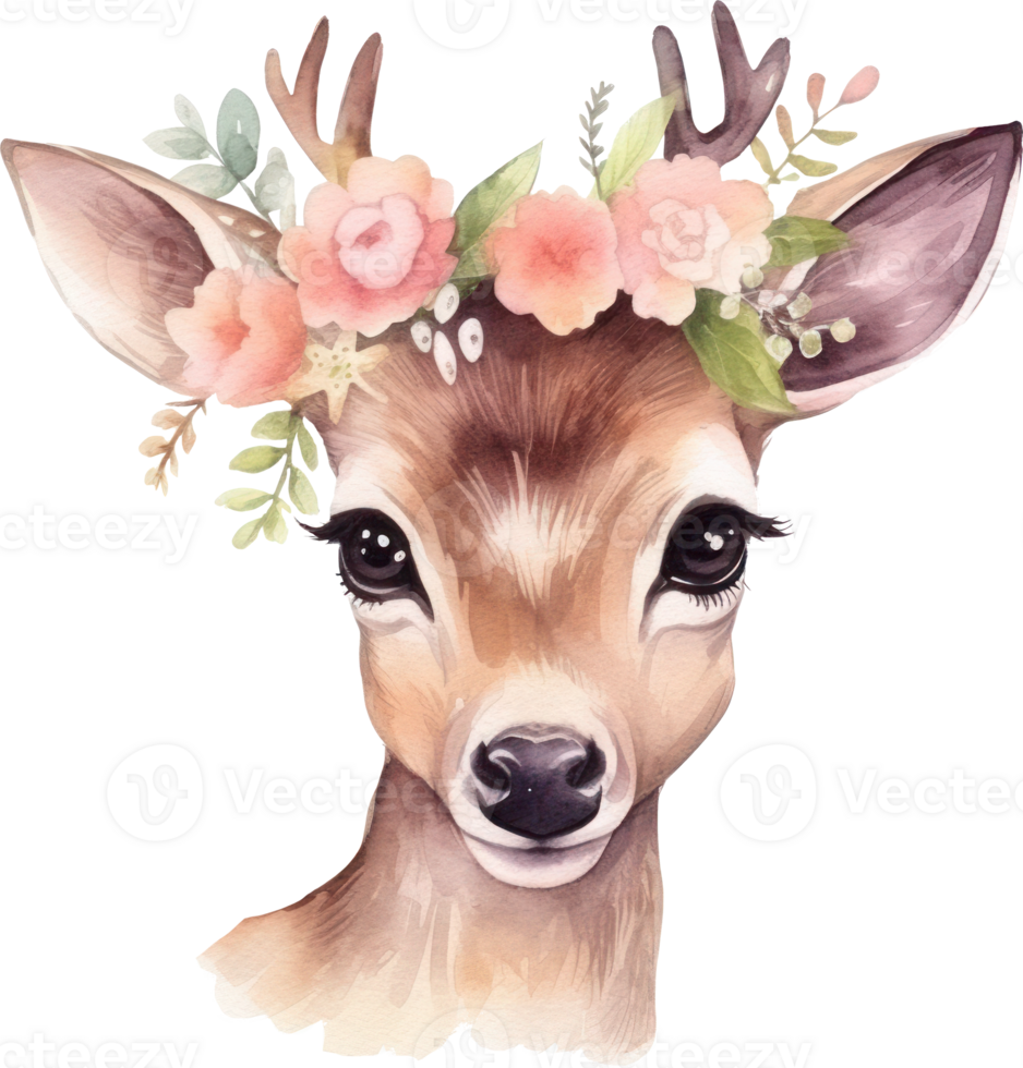 Cute deer and flowers watercolor illustration png