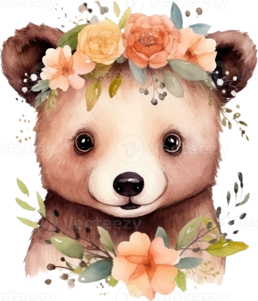 Cute bear and flowers watercolor illustration png