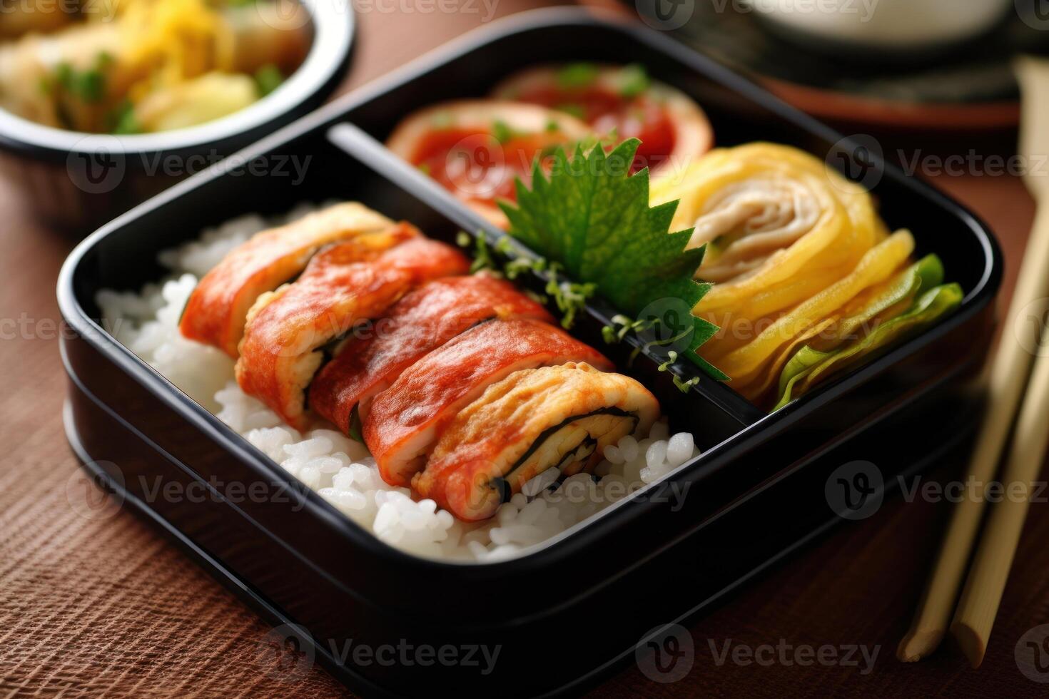 stock photo of Tamagoyaki Japanese Rolled omelette in bento with rice food photography