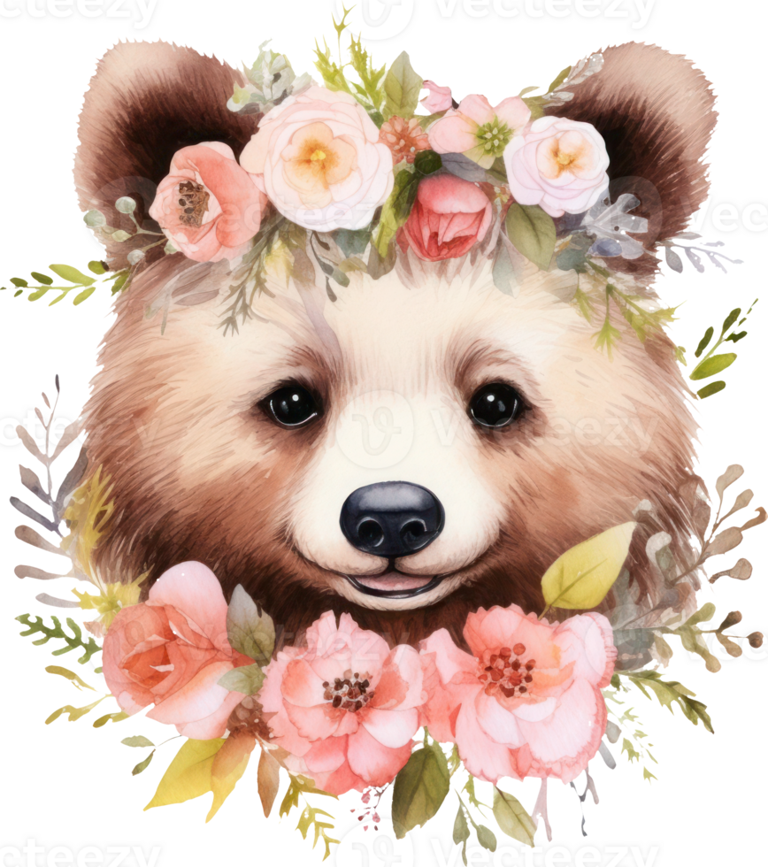 Cute bear and flowers watercolor illustration png