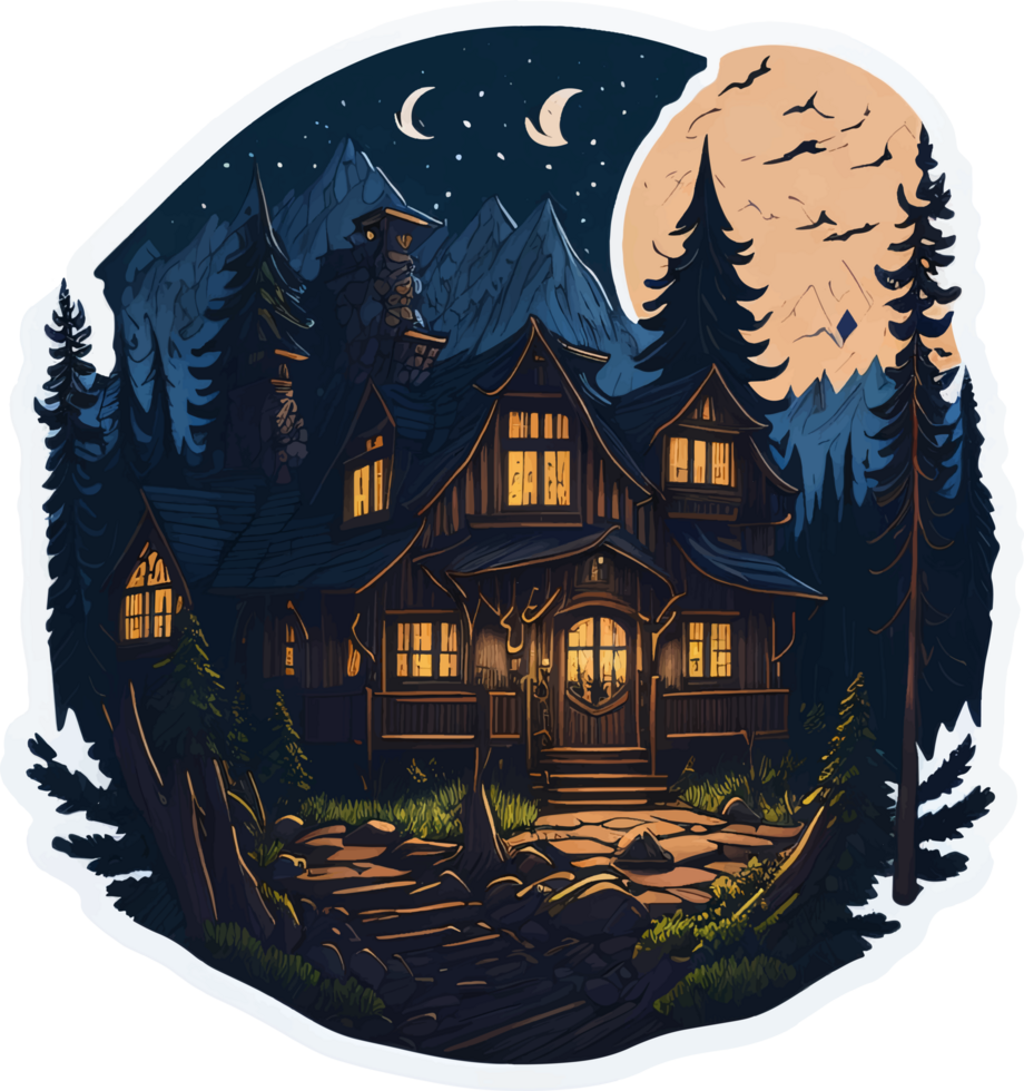 Forest Wooden House Sticker AI Generative png