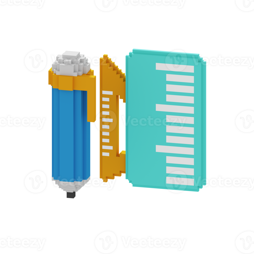 3d voxel icon pencil ruler education illustration concept icon render png