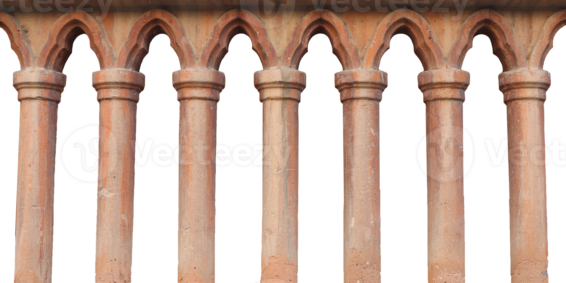 Old balustrade pillars architectural element isolated PNG photo with transparent background.