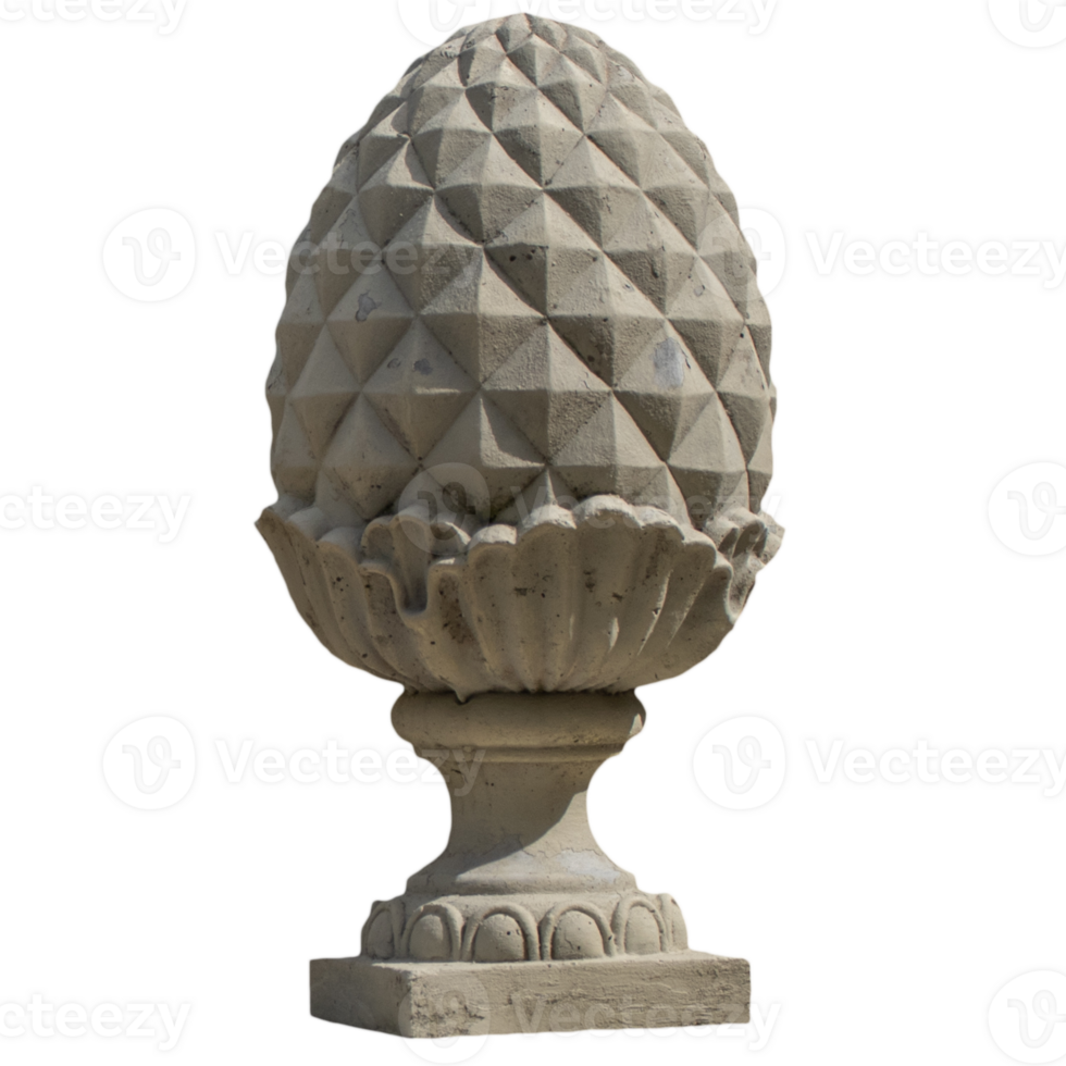 Pine cone ornamental sculpture isolated PNG photo with transparent background.