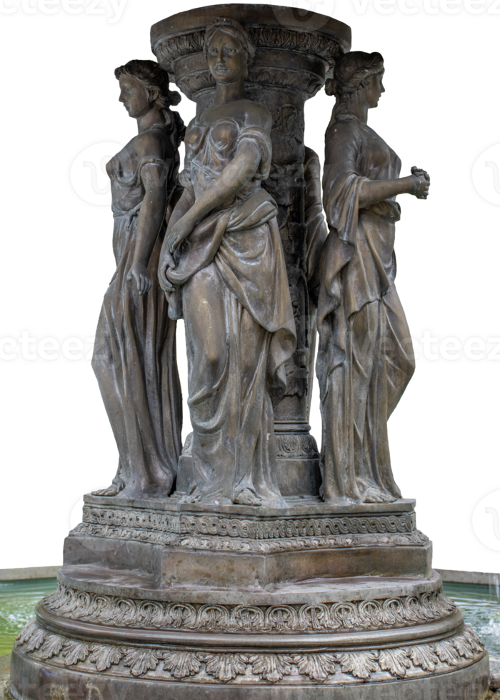 Fountain in the city park with women statues isolated PNG photo with transparent background.