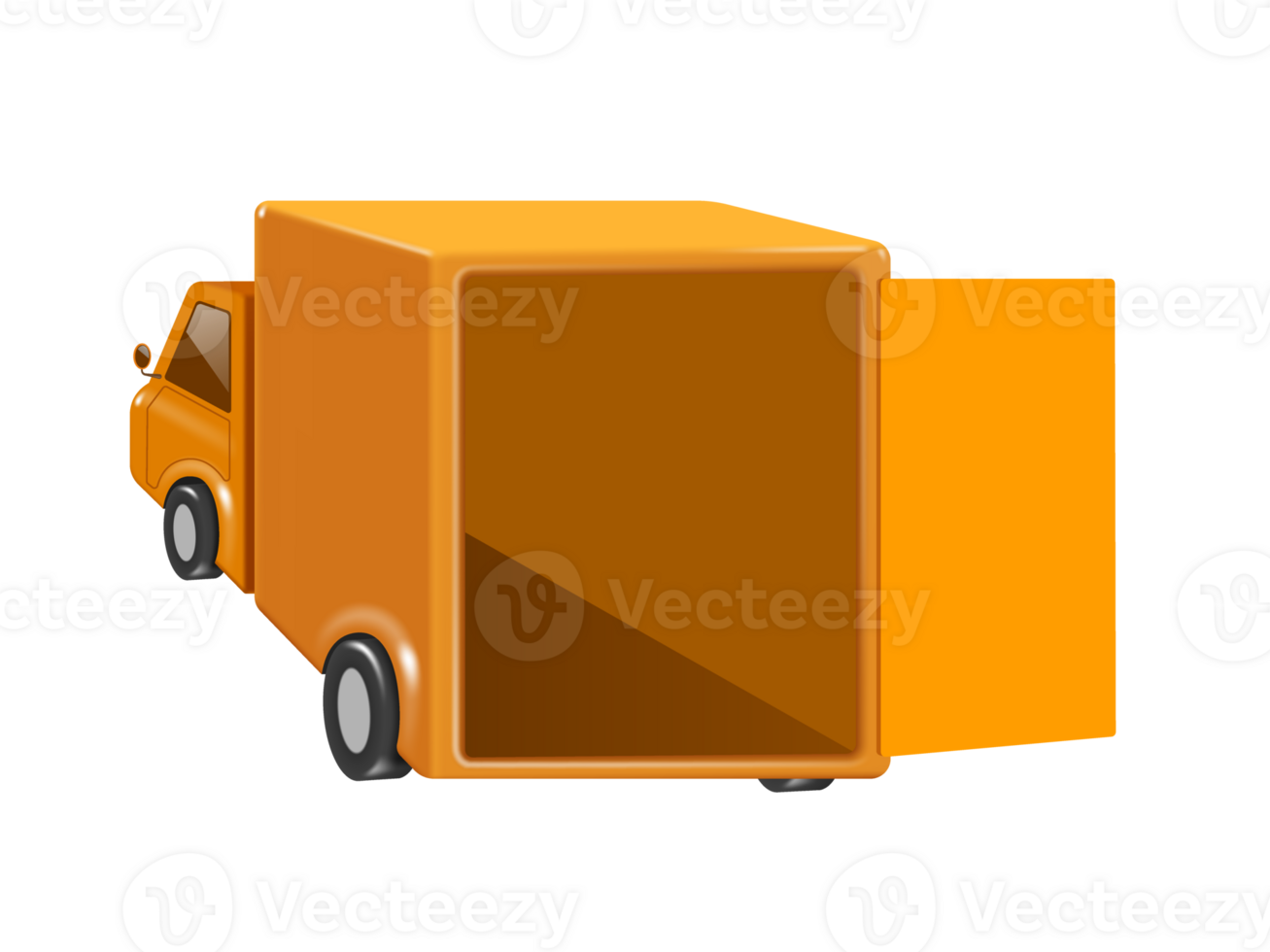 Yellow truck for driving delivery service open rear end on transparent