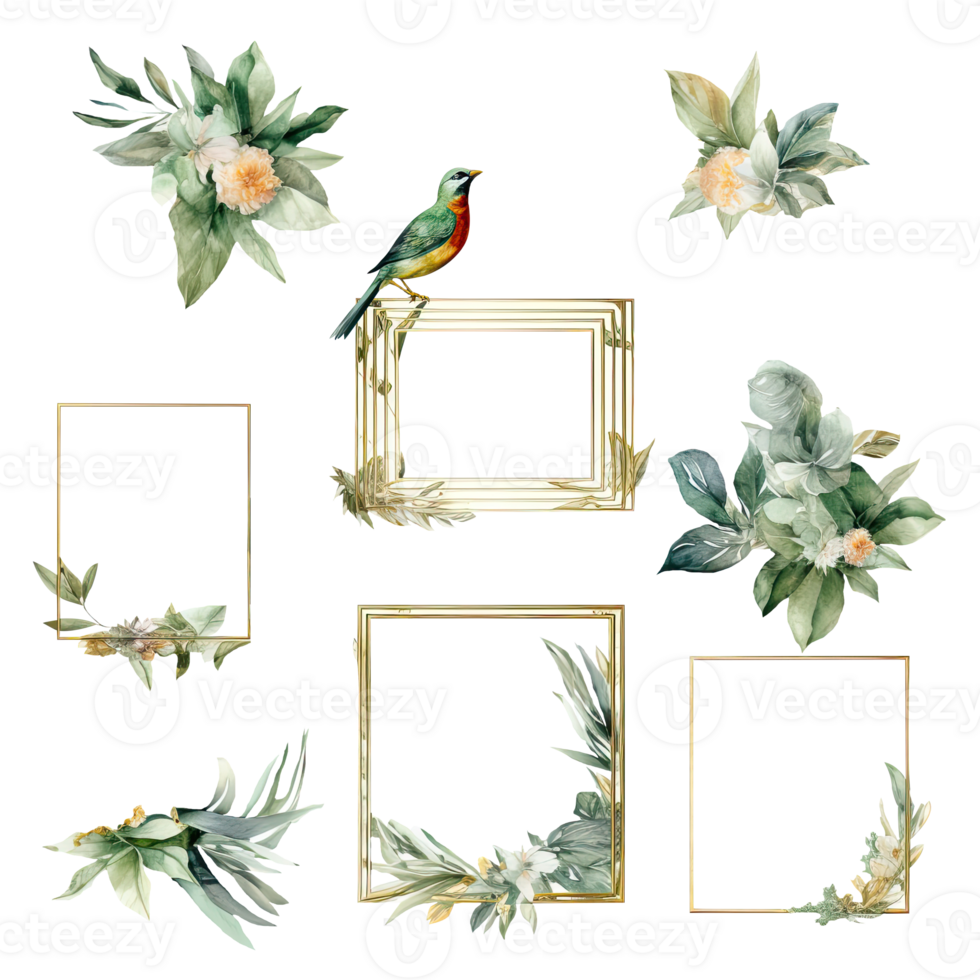 Watercolor Set of Birds with Flowers and Square Golden Frame. png