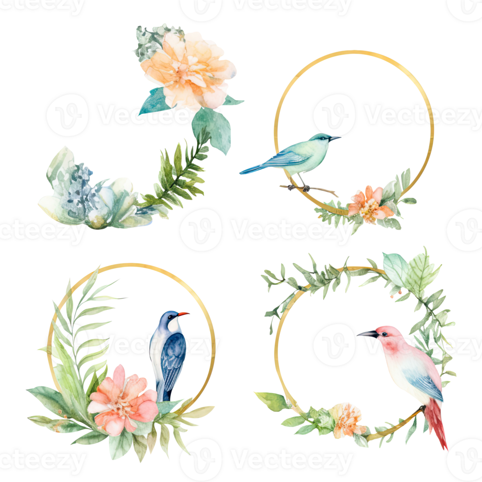 Watercolor Set of Birds with Flowers and Circular Frame. png