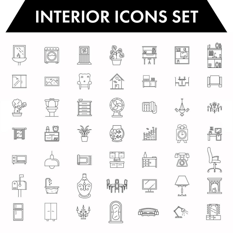 Interior or living room objects icon set in black line art. vector