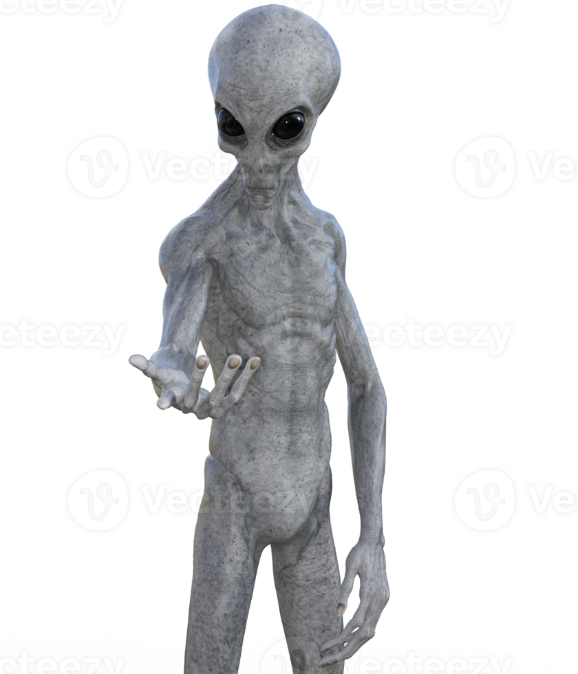 Grey alien on transparent background, 3d render png