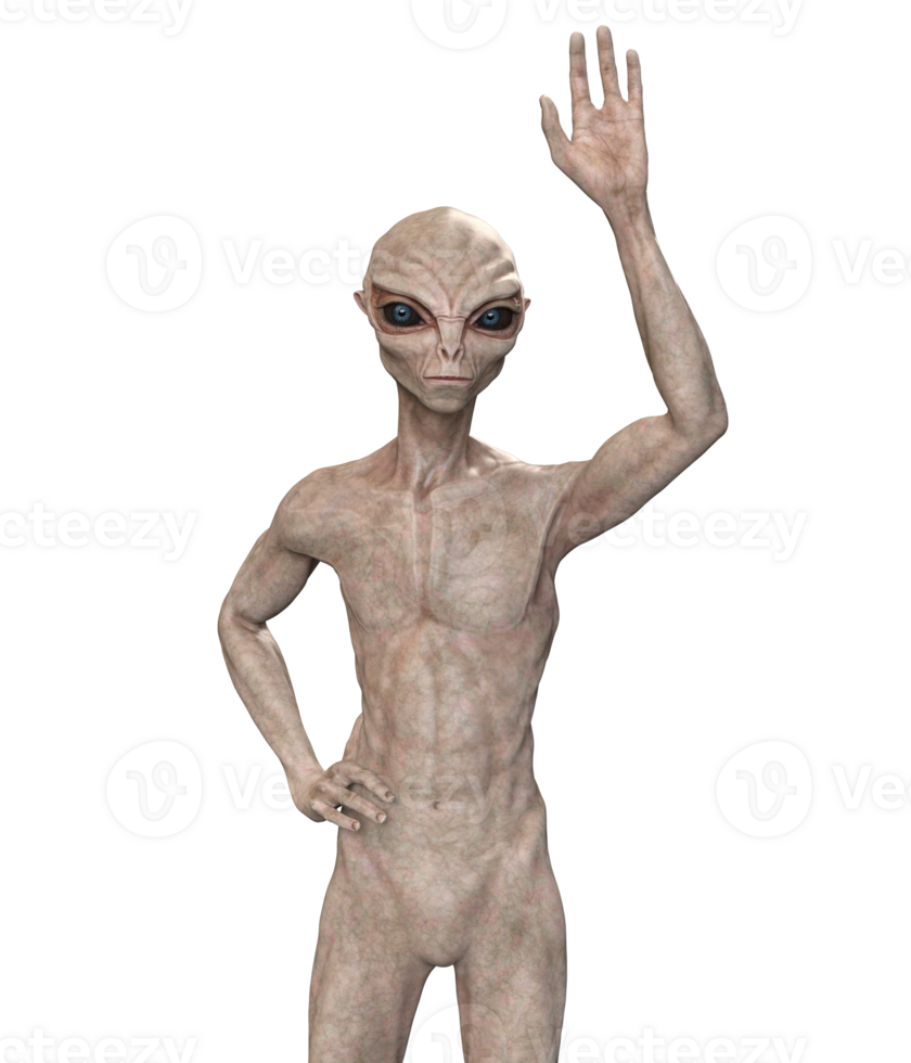 Grey alien on transparent background, 3d render png