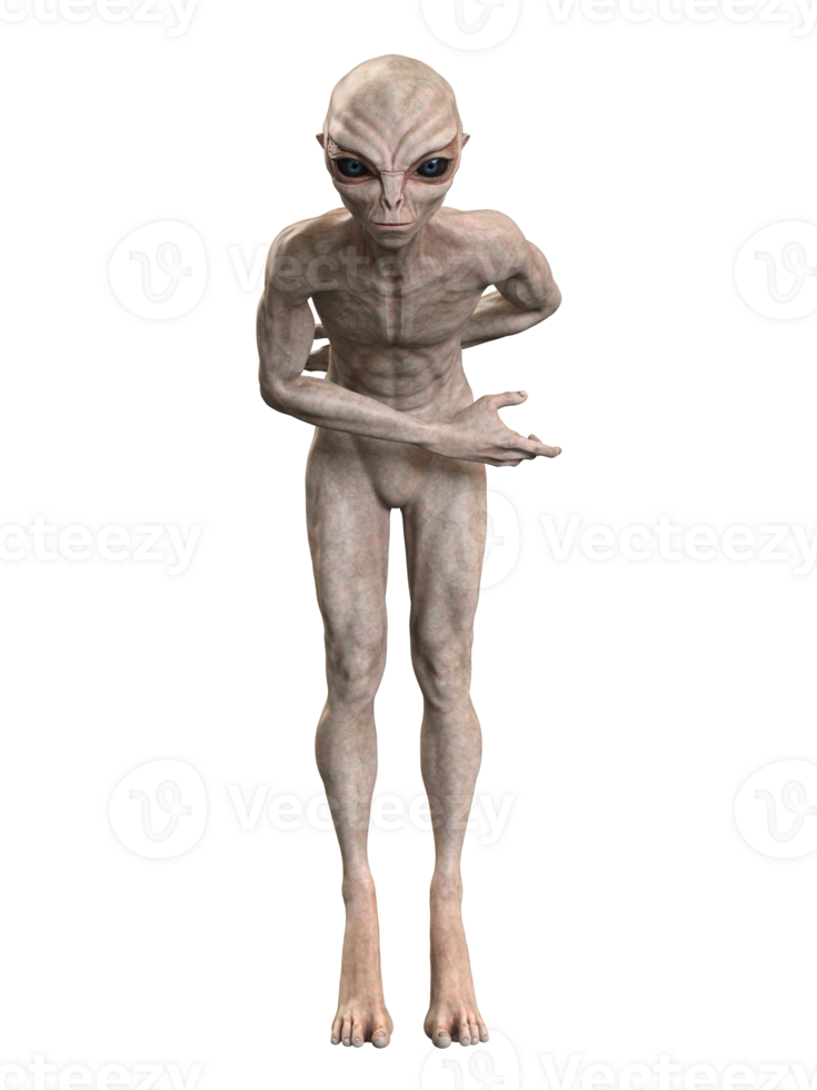 Grey alien on transparent background, 3d render png