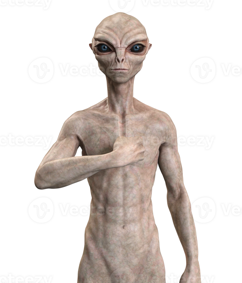 Grey alien on transparent background, 3d render png
