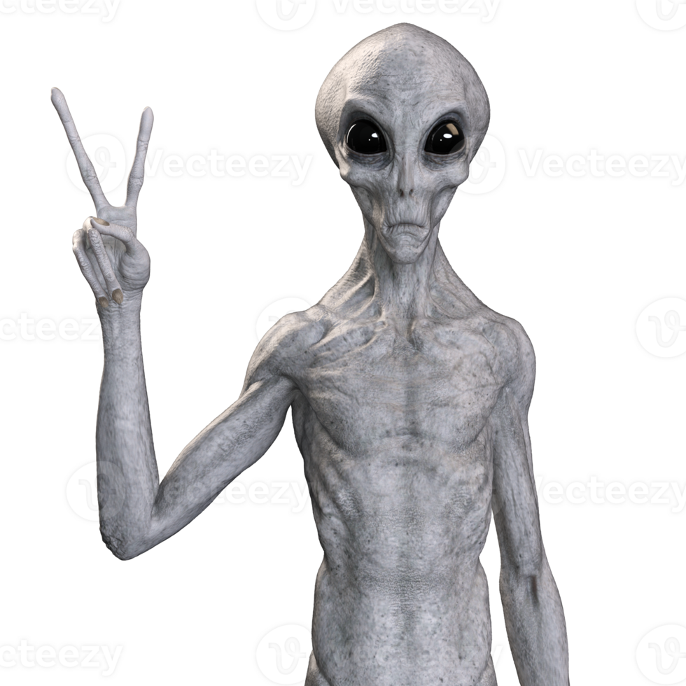 Grey alien on transparent background, 3d render png