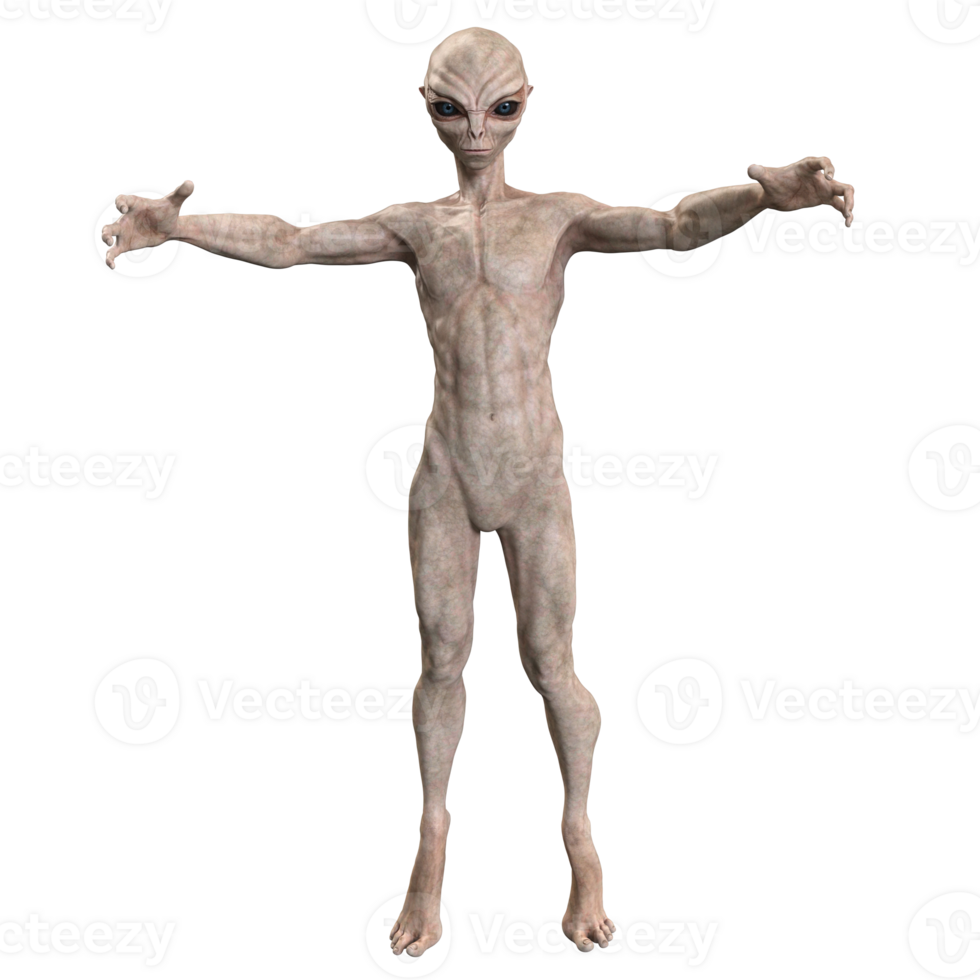 Grey alien on transparent background, 3d render png