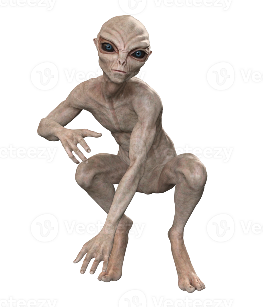 Grey alien on transparent background, 3d render png